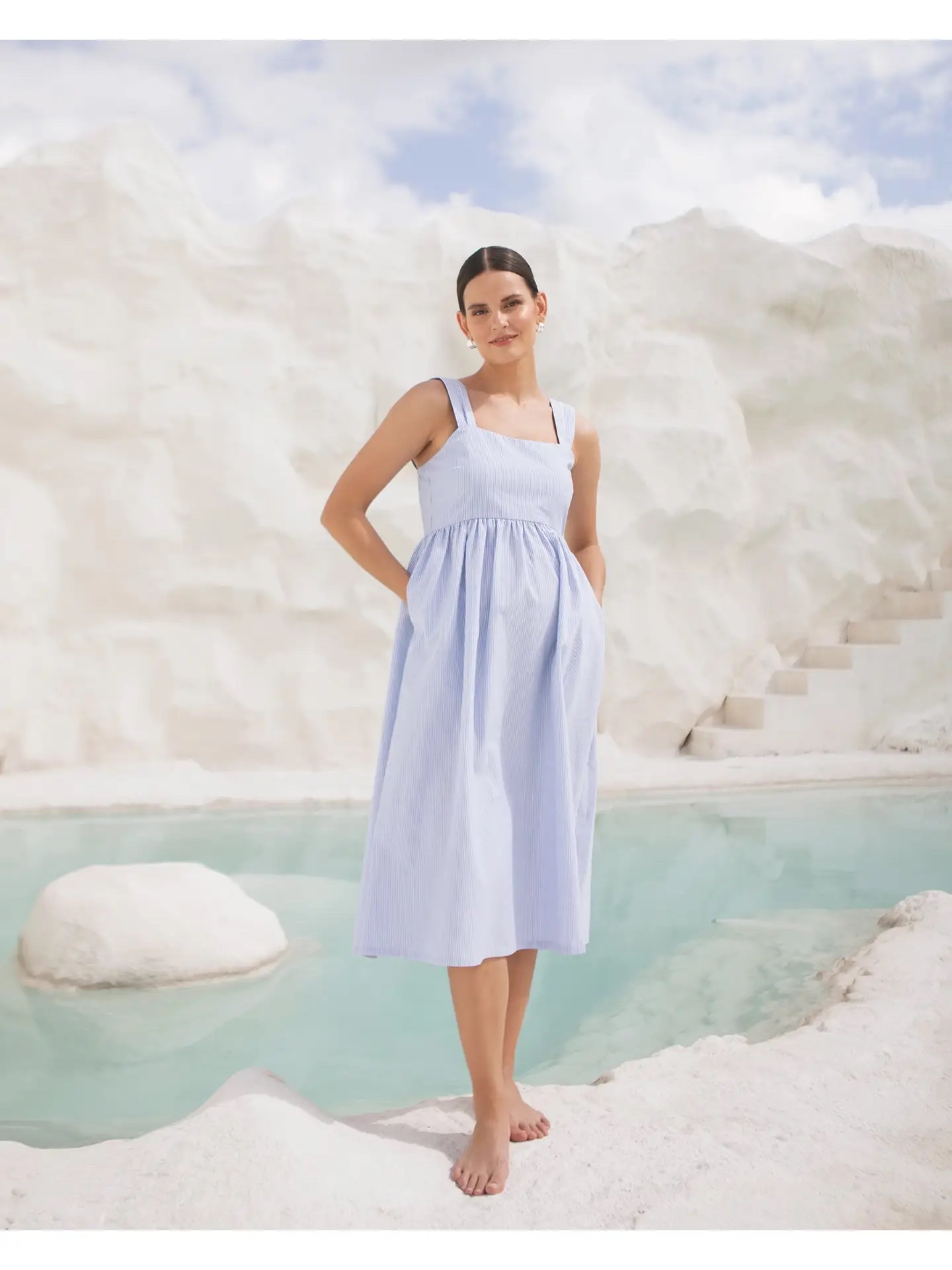 Soon Maternity - Nina Midi Maternity Dress (Blue Fine Stripe) - Image 5