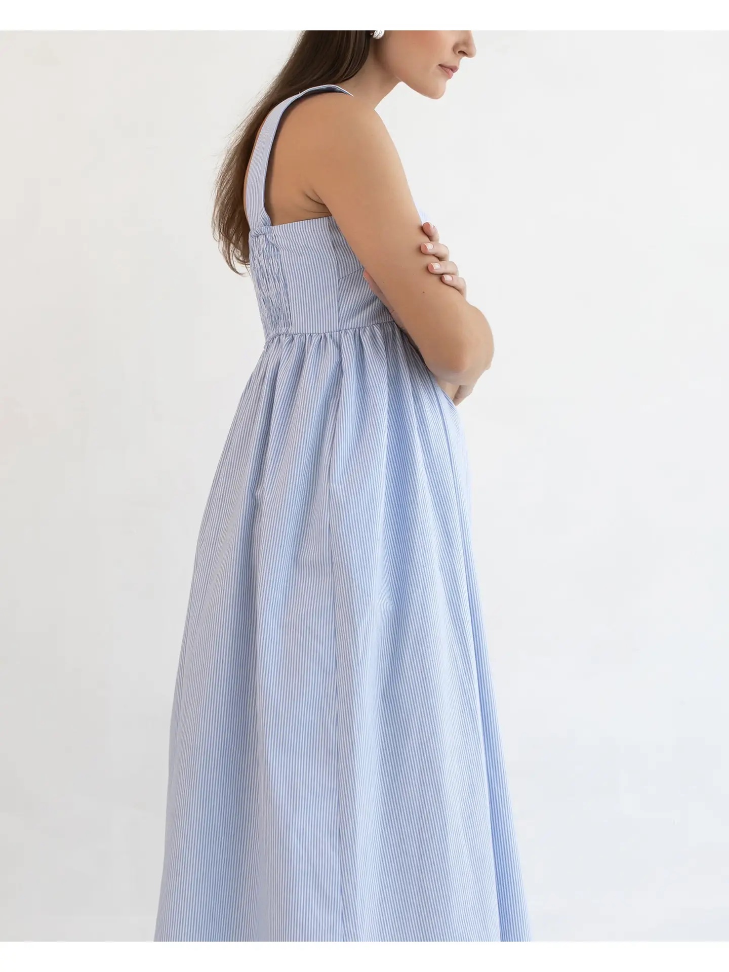 Soon Maternity - Nina Midi Maternity Dress (Blue Fine Stripe) - Image 4