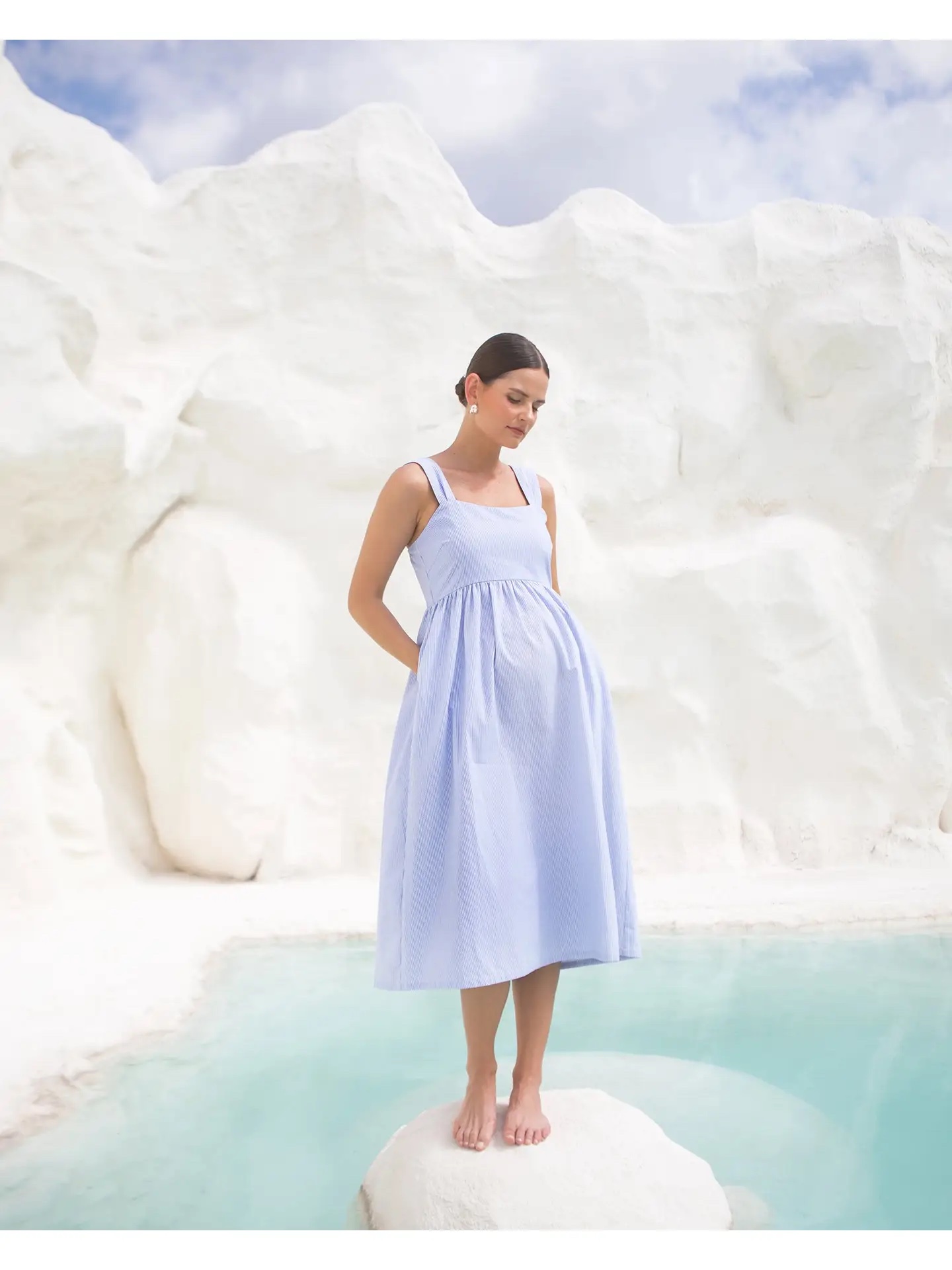 Soon Maternity - Nina Midi Maternity Dress (Blue Fine Stripe) - Image 3