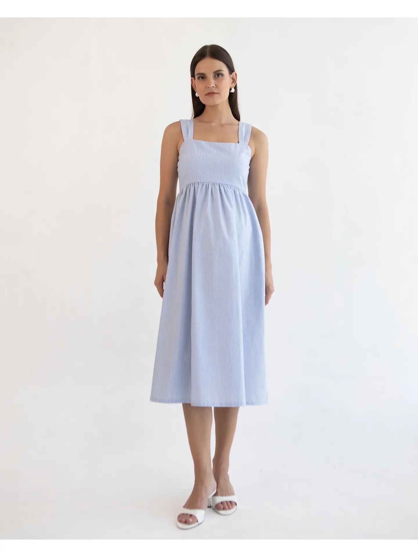 Soon Maternity - Nina Midi Maternity Dress (Blue Fine Stripe)