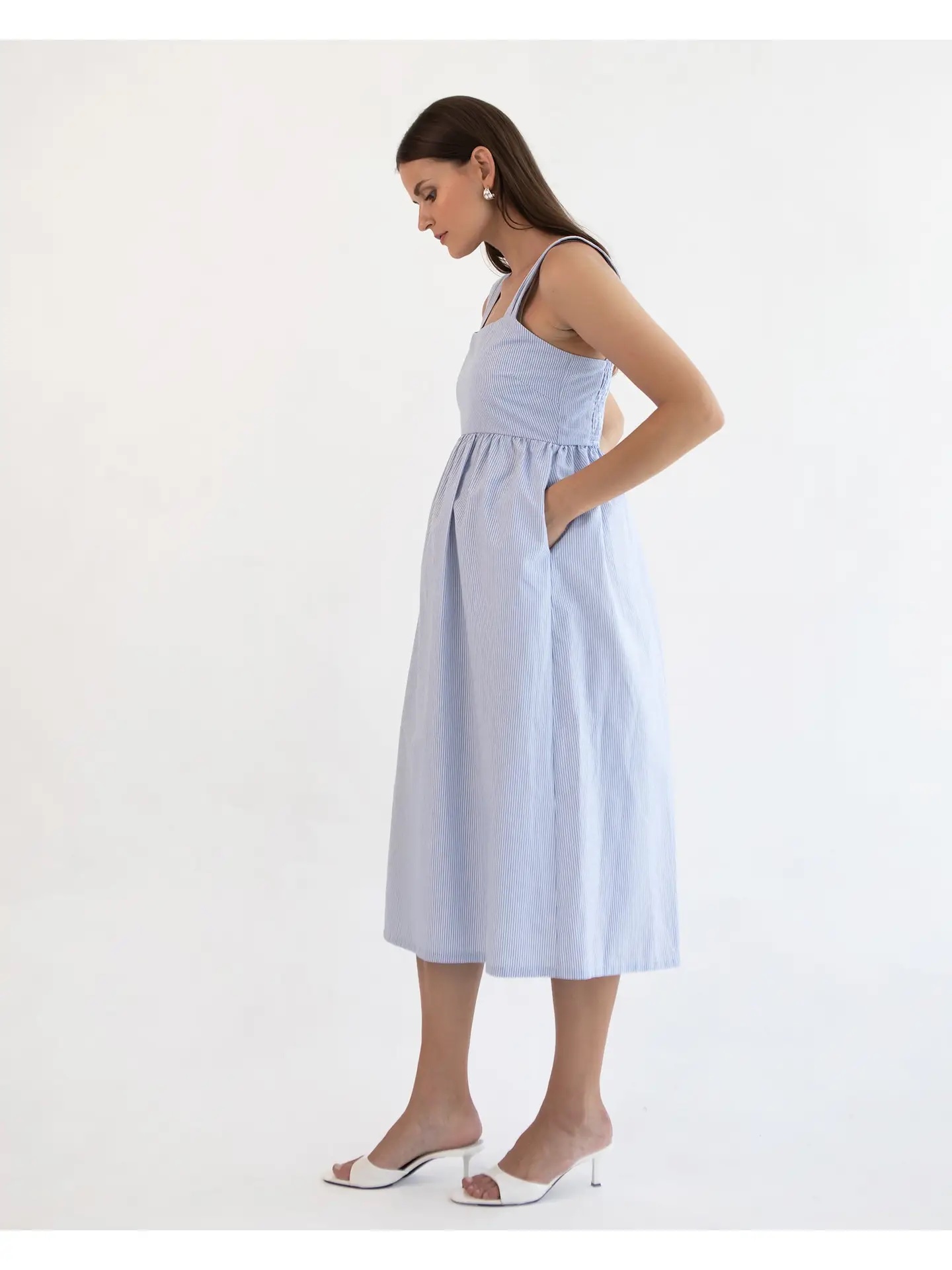 Soon Maternity - Nina Midi Maternity Dress (Blue Fine Stripe) - Image 2