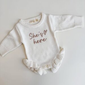 She's Here Heart - Classic Birth Frill Romper | Milk