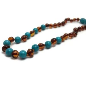 Baltic Amber Teething Necklace - Polished Cognac Turquoise