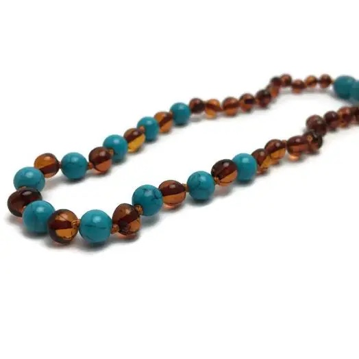 Baltic Amber Teething Necklace - Polished Cognac Turquoise