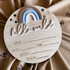Rainbow Neutral and Blue Round Writeable Birth Announcement