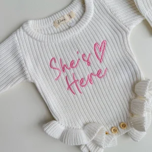SHE'S HERE HEART - FRILL LEG ROMPER | VALENTINE PINK