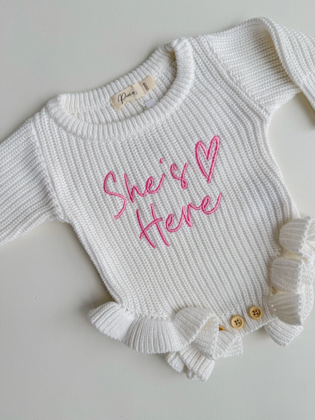 SHE'S HERE HEART - FRILL LEG ROMPER | VALENTINE PINK