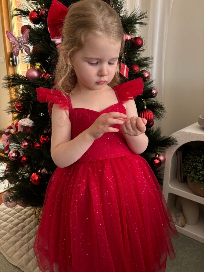 A Little Lacey Belle Girls Red Sparkle Christmas Dress