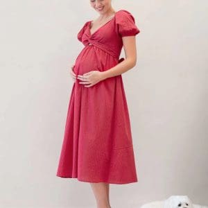 Fabia Reversible Tie Maternity Cotton Dress In Noel Red